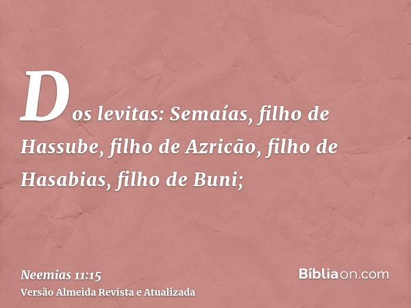 Dos levitas: Semaías, filho de Hassube, filho de Azricão, filho de Hasabias, filho de Buni;