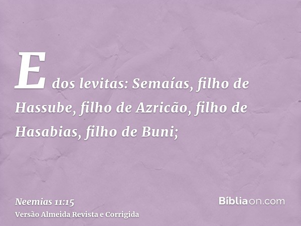 E dos levitas: Semaías, filho de Hassube, filho de Azricão, filho de Hasabias, filho de Buni;