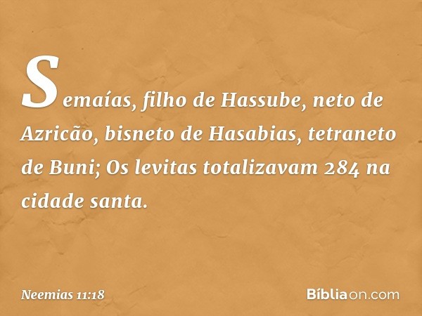 Semaías, filho de Hassube, neto de Azricão, bisneto de Hasabias, tetraneto de Buni;
Os levitas totalizavam 284 na cidade santa. -- Neemias 11:18