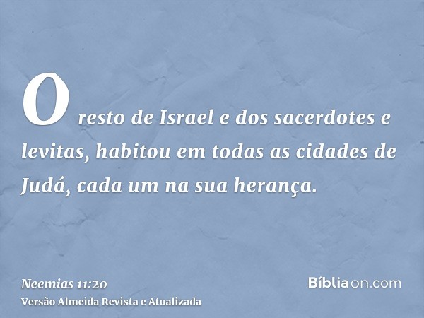 O resto de Israel e dos sacerdotes e levitas, habitou em todas as cidades de Judá, cada um na sua herança.