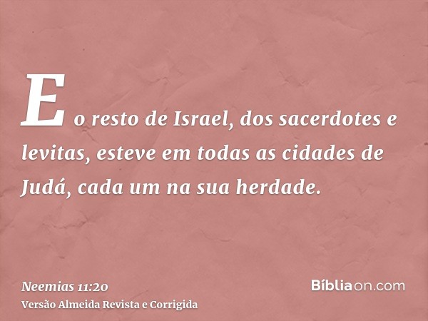 E o resto de Israel, dos sacerdotes e levitas, esteve em todas as cidades de Judá, cada um na sua herdade.