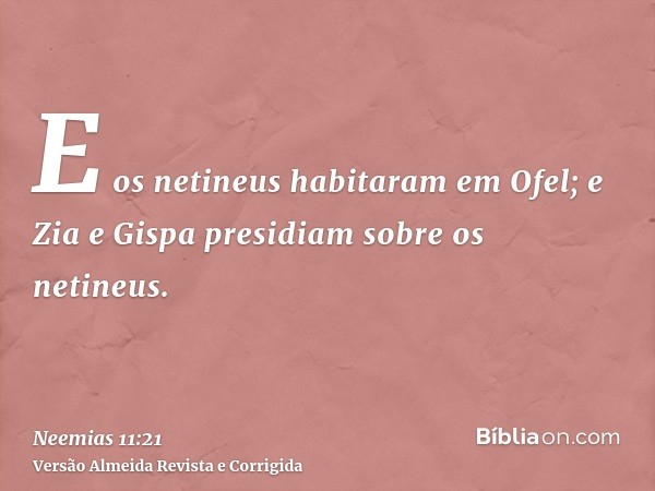 E os netineus habitaram em Ofel; e Zia e Gispa presidiam sobre os netineus.