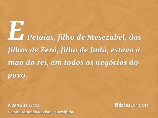 E Petaías, filho de Mesezabel, dos filhos de Zerá, filho de Judá, estava à mão do rei, em todos os negócios do povo.
