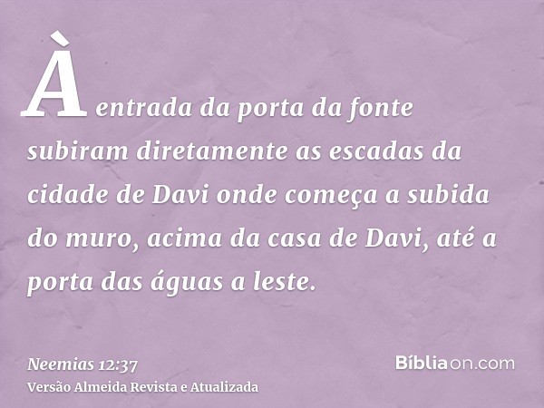 À entrada da porta da fonte subiram diretamente as escadas da cidade de Davi onde começa a subida do muro, acima da casa de Davi, até a porta das águas a leste.