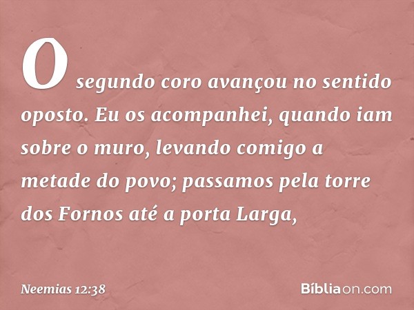 O segundo coro avançou no sentido oposto. Eu os acompanhei, quando iam sobre o muro, levando comigo a metade do povo; passamos pela torre dos Fornos até a porta