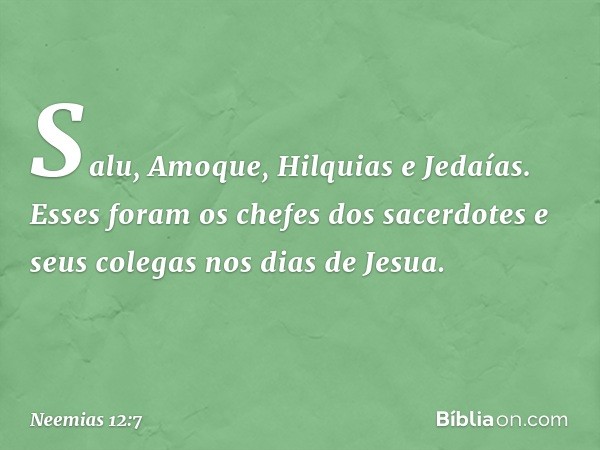 Salu, Amoque, Hilquias e Jedaías.
Esses foram os chefes dos sacerdotes e seus colegas nos dias de Jesua. -- Neemias 12:7