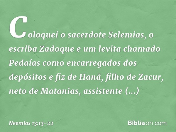 Coloquei o sacerdote Selemi­as, o escriba Zadoque e um levita chamado Pedaías como encarregados dos depósitos e fiz de Hanã, filho de Zacur, neto de Matanias, a