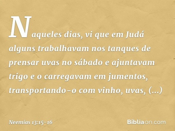 Naqueles dias, vi que em Judá alguns trabalhavam nos tanques de prensar uvas no sábado e ajuntavam trigo e o carregavam em jumentos, transportando-o com vinho, 