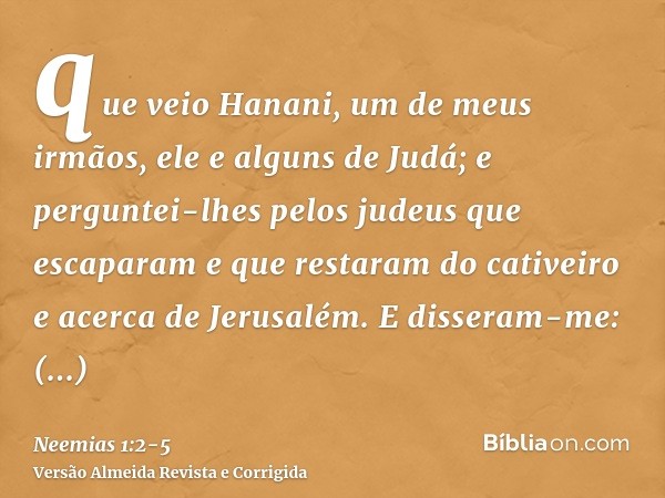 que veio Hanani, um de meus irmãos, ele e alguns de Judá; e perguntei-lhes pelos judeus que escaparam e que restaram do cativeiro e acerca de Jerusalém.E disser