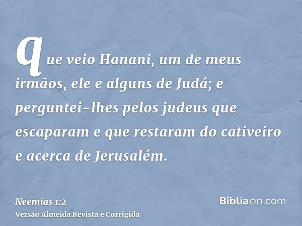 que veio Hanani, um de meus irmãos, ele e alguns de Judá; e perguntei-lhes pelos judeus que escaparam e que restaram do cativeiro e acerca de Jerusalém.