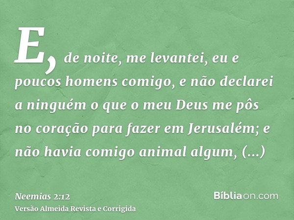 E, de noite, me levantei, eu e poucos homens comigo, e não declarei a ninguém o que o meu Deus me pôs no coração para fazer em Jerusalém; e não havia comigo ani