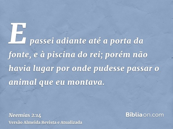 E passei adiante até a porta da fonte, e à piscina do rei; porém não havia lugar por onde pudesse passar o animal que eu montava.