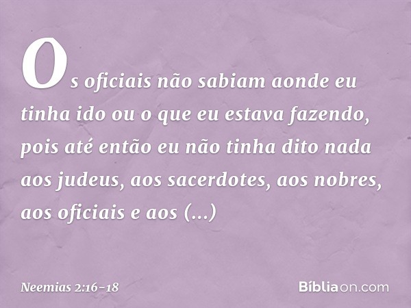 Os oficiais não sabiam aonde eu tinha ido ou o que eu estava fazendo, pois até então eu não tinha dito nada aos judeus, aos sacerdotes, aos nobres, aos oficiais