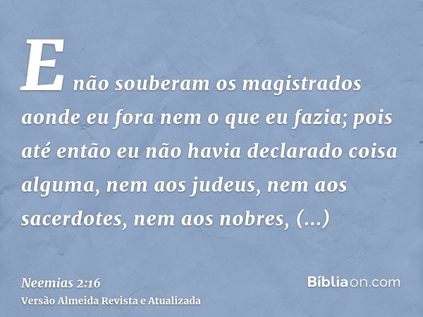 E não souberam os magistrados aonde eu fora nem o que eu fazia; pois até então eu não havia declarado coisa alguma, nem aos judeus, nem aos sacerdotes, nem aos 