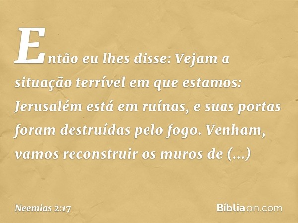 Então eu lhes disse: Vejam a situação terrível em que estamos: Jerusalém está em ruínas, e suas portas foram destruídas pelo fogo. Venham, vamos reconstruir os