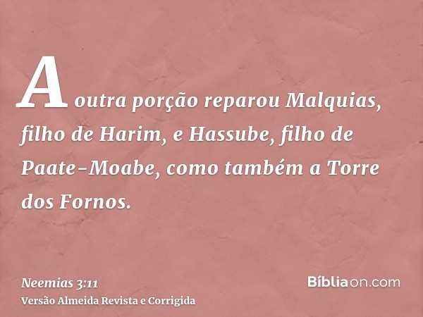 A outra porção reparou Malquias, filho de Harim, e Hassube, filho de Paate-Moabe, como também a Torre dos Fornos.