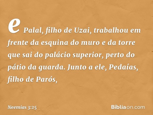 e Palal, filho de Uzai, trabalhou em frente da esquina do muro e da torre que sai do palácio superior, perto do pátio da guarda. Junto a ele, Pedaías, filho de 