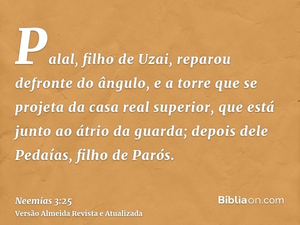 Palal, filho de Uzai, reparou defronte do ângulo, e a torre que se projeta da casa real superior, que está junto ao átrio da guarda; depois dele Pedaías, filho 