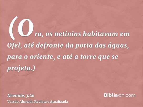 (Ora, os netinins habitavam em Ofel, até defronte da porta das águas, para o oriente, e até a torre que se projeta.)