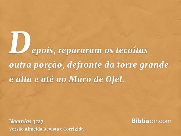 Depois, repararam os tecoítas outra porção, defronte da torre grande e alta e até ao Muro de Ofel.