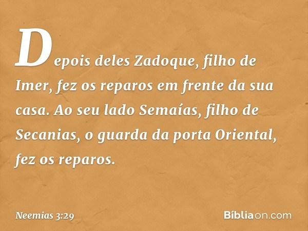 Depois deles Zadoque, filho de Imer, fez os reparos em frente da sua casa. Ao seu lado Semaías, filho de Secanias, o guarda da porta Oriental, fez os reparos. -