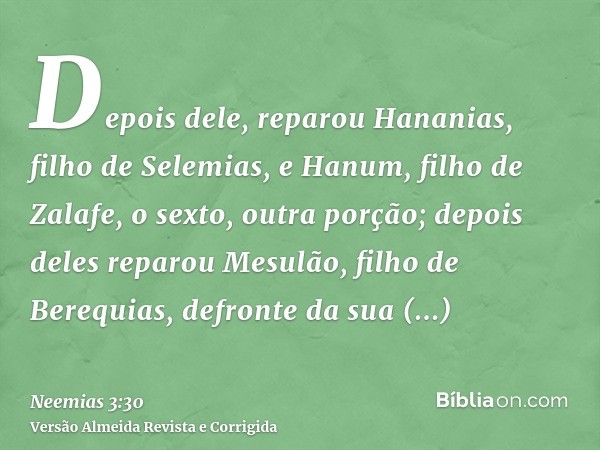 Depois dele, reparou Hananias, filho de Selemias, e Hanum, filho de Zalafe, o sexto, outra porção; depois deles reparou Mesulão, filho de Berequias, defronte da