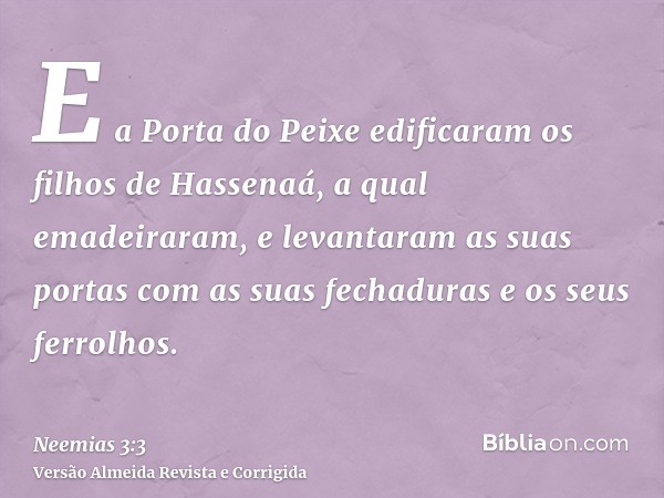 E a Porta do Peixe edificaram os filhos de Hassenaá, a qual emadeiraram, e levantaram as suas portas com as suas fechaduras e os seus ferrolhos.