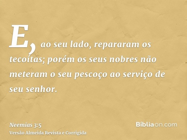 E, ao seu lado, repararam os tecoítas; porém os seus nobres não meteram o seu pescoço ao serviço de seu senhor.