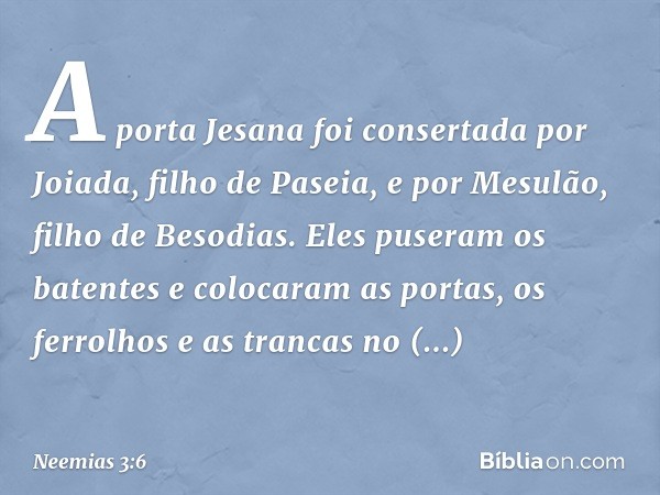 A porta Jesana foi consertada por Joiada, filho de Paseia, e por Mesulão, filho de Besodias. Eles puseram os batentes e coloca­ram as portas, os ferrolhos e as 