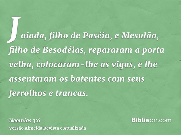 Joiada, filho de Paséia, e Mesulão, filho de Besodéias, repararam a porta velha, colocaram-lhe as vigas, e lhe assentaram os batentes com seus ferrolhos e tranc