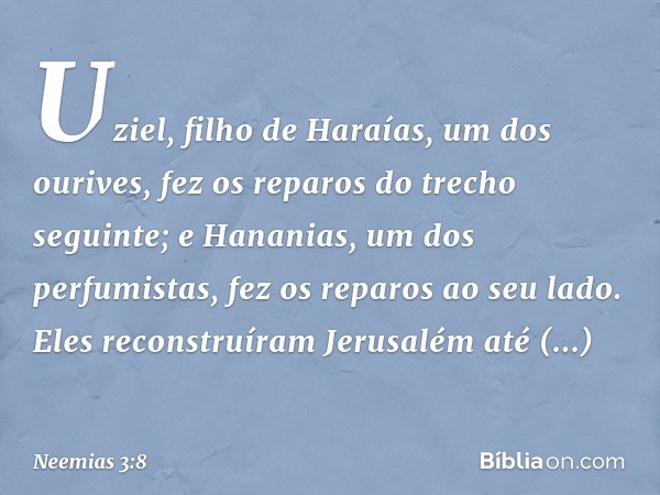 Uziel, filho de Haraías, um dos ourives, fez os repa­ros do trecho seguinte; e Hananias, um dos perfumistas, fez os reparos ao seu lado. Eles reconstruíram Jeru