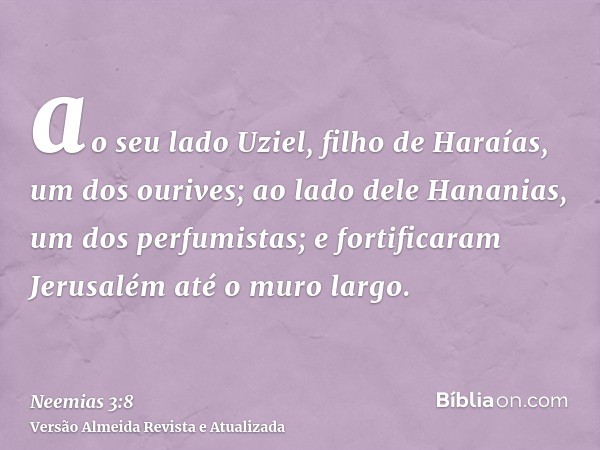 ao seu lado Uziel, filho de Haraías, um dos ourives; ao lado dele Hananias, um dos perfumistas; e fortificaram Jerusalém até o muro largo.