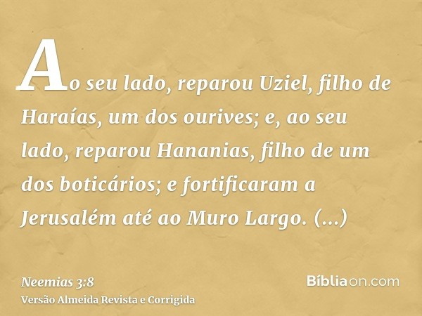 Ao seu lado, reparou Uziel, filho de Haraías, um dos ourives; e, ao seu lado, reparou Hananias, filho de um dos boticários; e fortificaram a Jerusalém até ao Mu