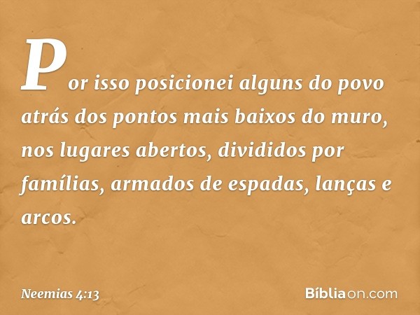 Por isso posicionei alguns do povo atrás dos pontos mais baixos do muro, nos lugares abertos, divididos por famílias, arma­dos de espadas, lanças e arcos. -- Ne