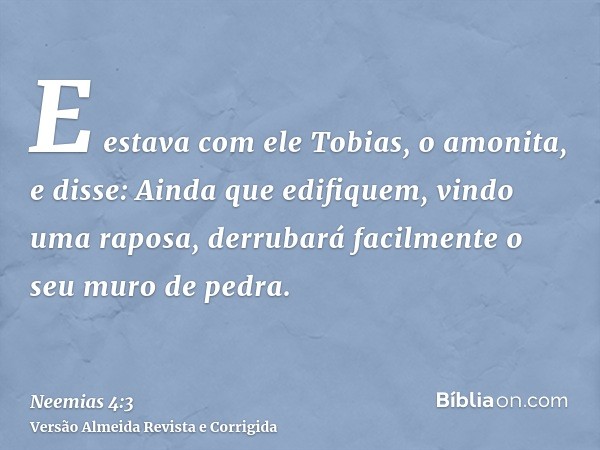 E estava com ele Tobias, o amonita, e disse: Ainda que edifiquem, vindo uma raposa, derrubará facilmente o seu muro de pedra.