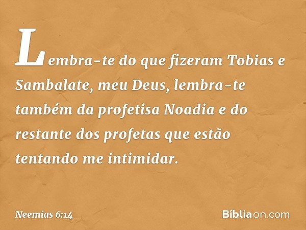 Lembra-te do que fizeram Tobias e Sambalate, meu Deus, lembra-te também da profetisa Noadia e do restante dos profetas que estão tentando me intimidar. -- Neemi