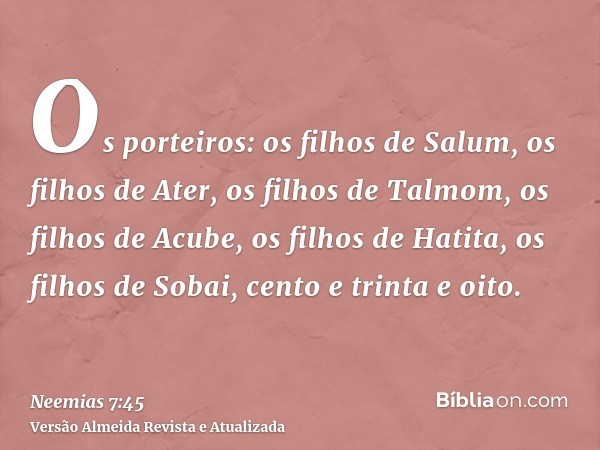 Os porteiros: os filhos de Salum, os filhos de Ater, os filhos de Talmom, os filhos de Acube, os filhos de Hatita, os filhos de Sobai, cento e trinta e oito.