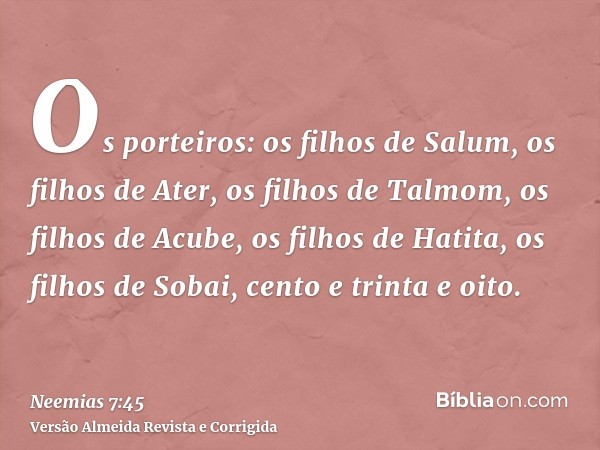 Os porteiros: os filhos de Salum, os filhos de Ater, os filhos de Talmom, os filhos de Acube, os filhos de Hatita, os filhos de Sobai, cento e trinta e oito.