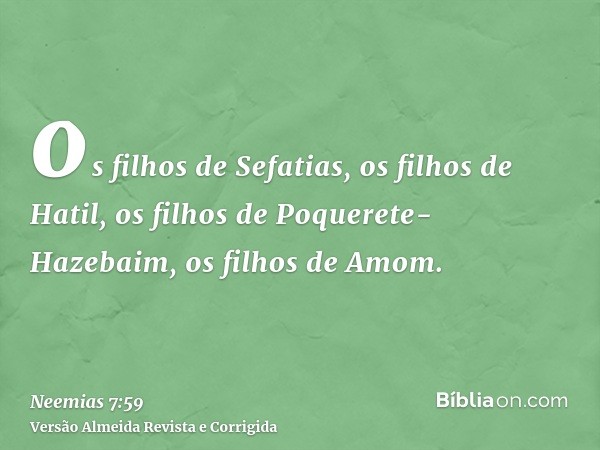 os filhos de Sefatias, os filhos de Hatil, os filhos de Poquerete-Hazebaim, os filhos de Amom.