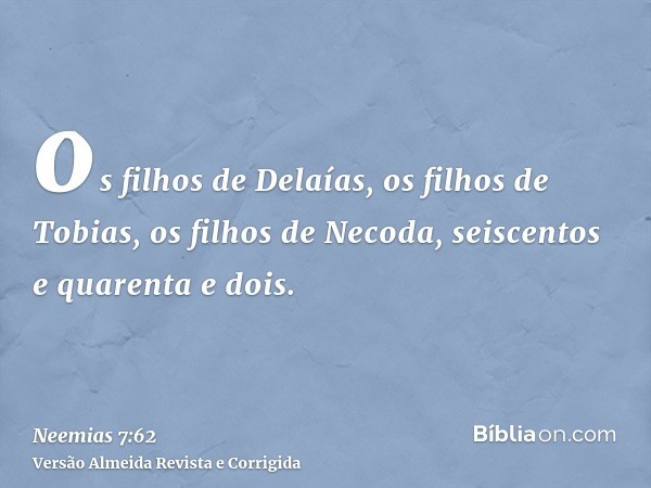 os filhos de Delaías, os filhos de Tobias, os filhos de Necoda, seiscentos e quarenta e dois.