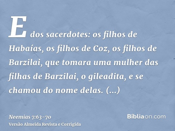 E dos sacerdotes: os filhos de Habaías, os filhos de Coz, os filhos de Barzilai, que tomara uma mulher das filhas de Barzilai, o gileadita, e se chamou do nome