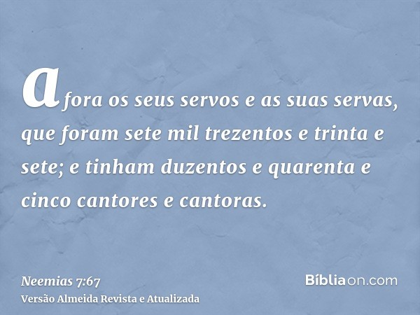 afora os seus servos e as suas servas, que foram sete mil trezentos e trinta e sete; e tinham duzentos e quarenta e cinco cantores e cantoras.