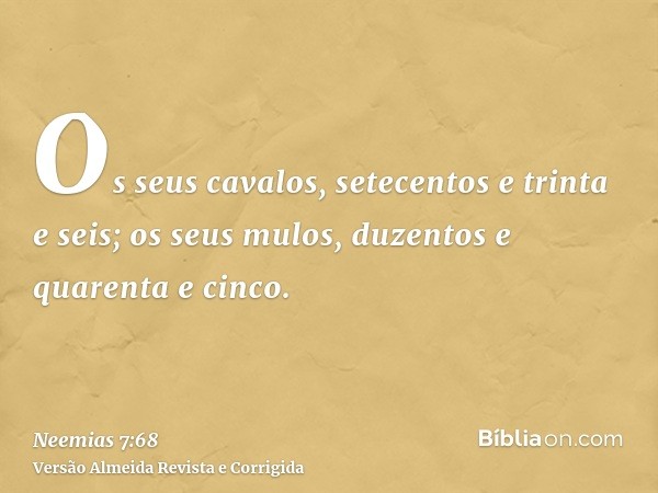 Os seus cavalos, setecentos e trinta e seis; os seus mulos, duzentos e quarenta e cinco.