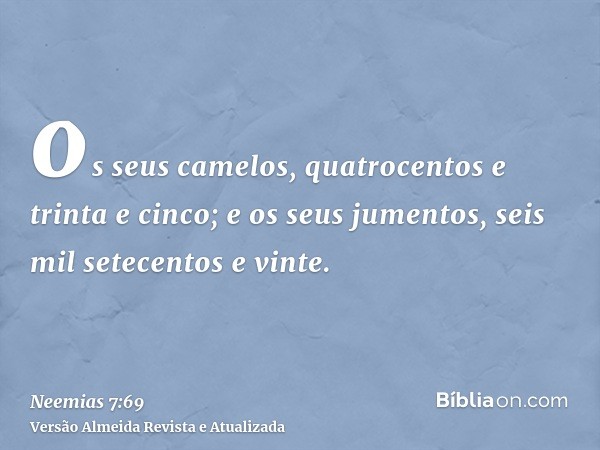 os seus camelos, quatrocentos e trinta e cinco; e os seus jumentos, seis mil setecentos e vinte.