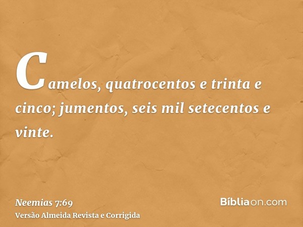 Camelos, quatrocentos e trinta e cinco; jumentos, seis mil setecentos e vinte.