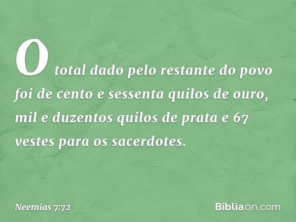 O total dado pelo restante do povo foi de cento e sessenta quilos de ouro, mil e duzentos quilos de prata e 67 vestes para os sacerdotes. -- Neemias 7:72