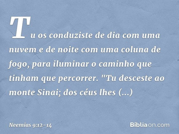 Tu os conduziste de dia com uma nuvem e de noite com uma coluna de fogo, para iluminar o caminho que tinham que percorrer. "Tu desceste ao monte Sinai; dos céus