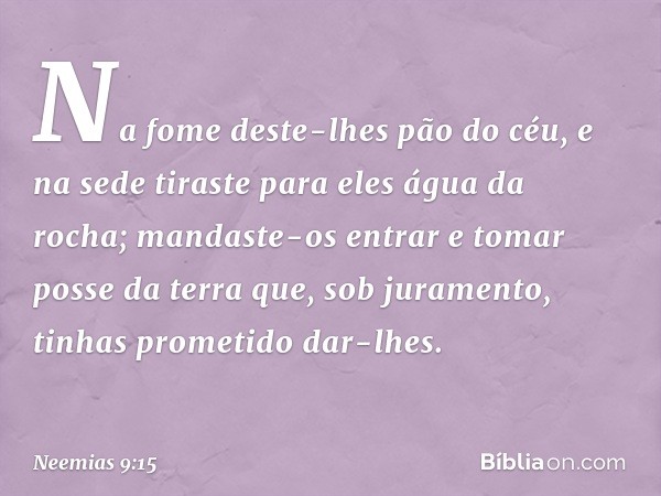 Na fome deste-lhes pão do céu, e na sede tiraste para eles água da rocha; mandaste-os entrar e tomar posse da terra que, sob juramento, tinhas prometido dar-lhe