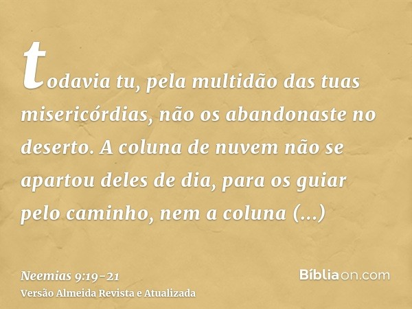 todavia tu, pela multidão das tuas misericórdias, não os abandonaste no deserto. A coluna de nuvem não se apartou deles de dia, para os guiar pelo caminho, nem 