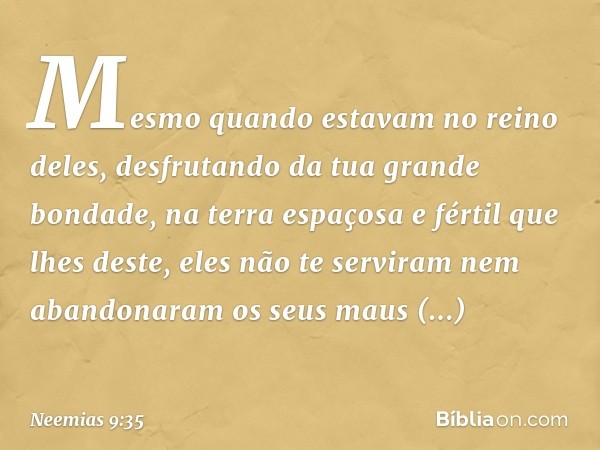 Mesmo quando estavam no reino deles, desfrutando da tua grande bondade, na terra espaçosa e fértil que lhes deste, eles não te serviram nem abandonaram os seus 